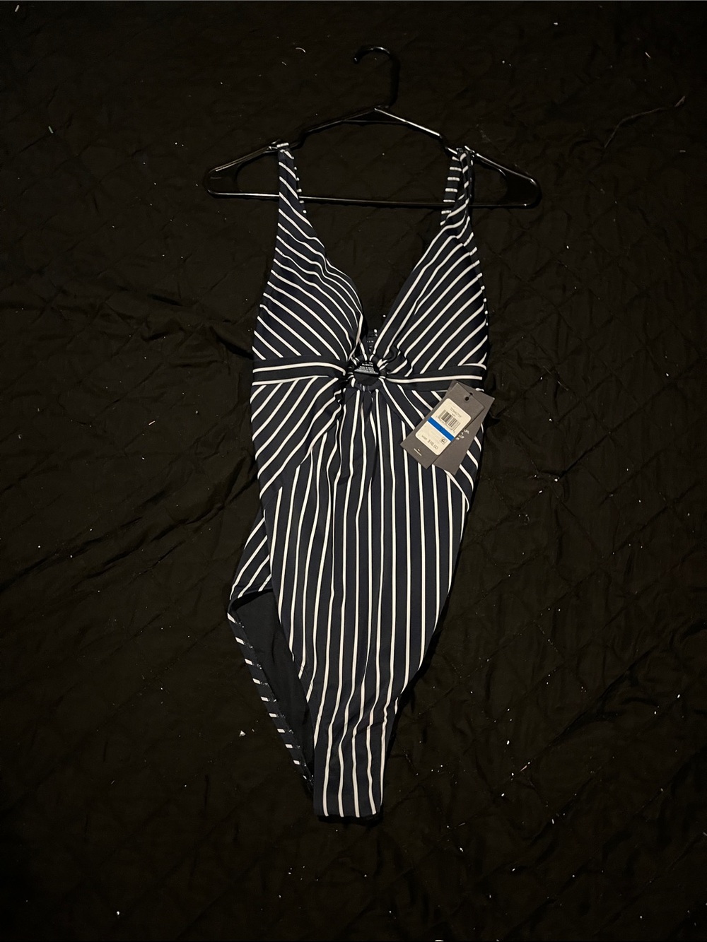 Tommy Hilfiger Navy and White Striped One-Piece Swimsuit with Front Tie